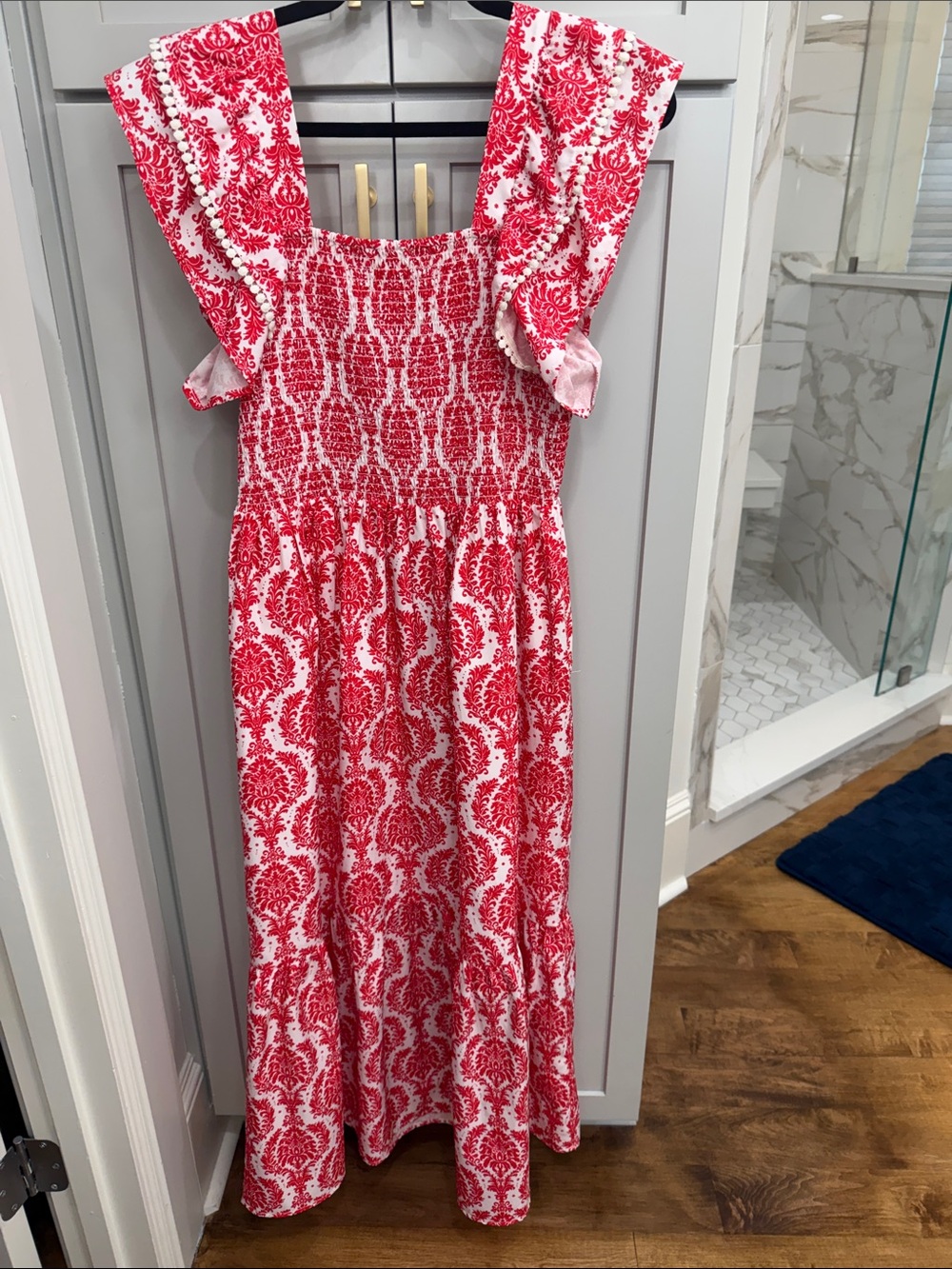 THML White and Red Printed Smocked Maxi Dress with Ruffled Straps